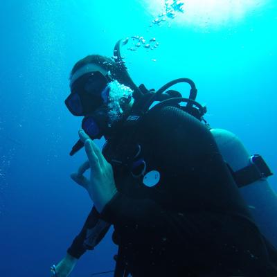 A volunteer in full scuba gear on a dive in Belize during his High School Special Conservation Project abroad. A volunteer uses sign language during a dive on the volunteering Conservation Project for high school students in Belize.
